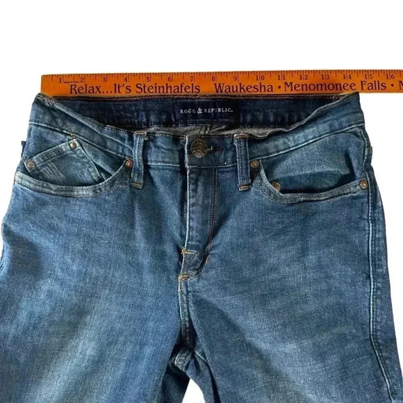 Rock & Republic Kasandra Bootcut Jeans Sz 8M Dark Wash Blue Distressed Studded - Picture 5 of 16